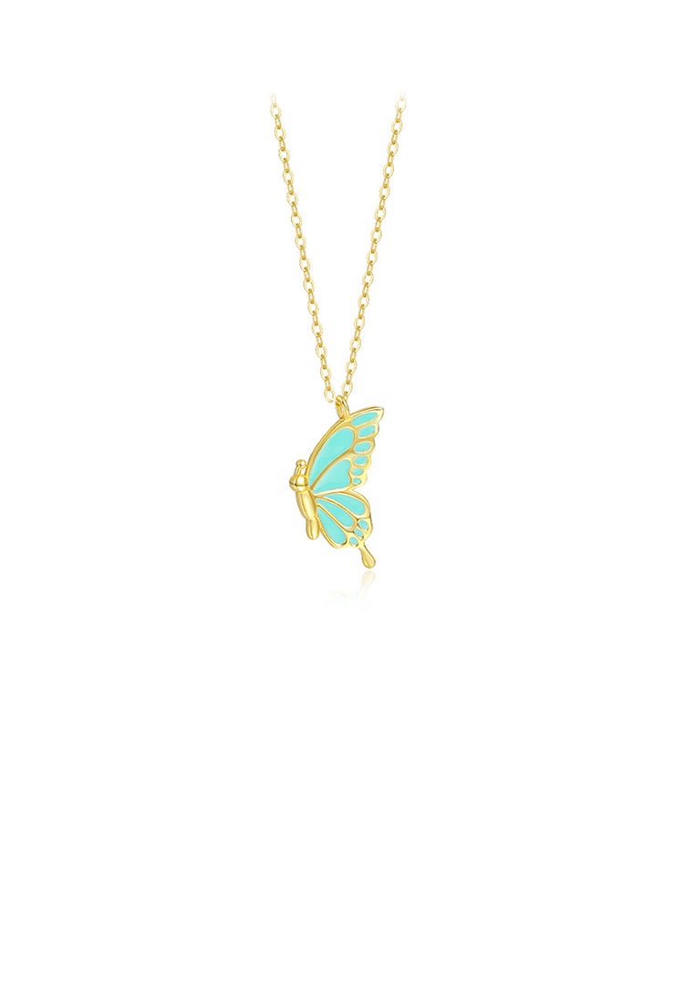 925 Sterling Silver Plated Gold Fashion Temperament Enamel Blue Butterfly Pendant with Necklace
