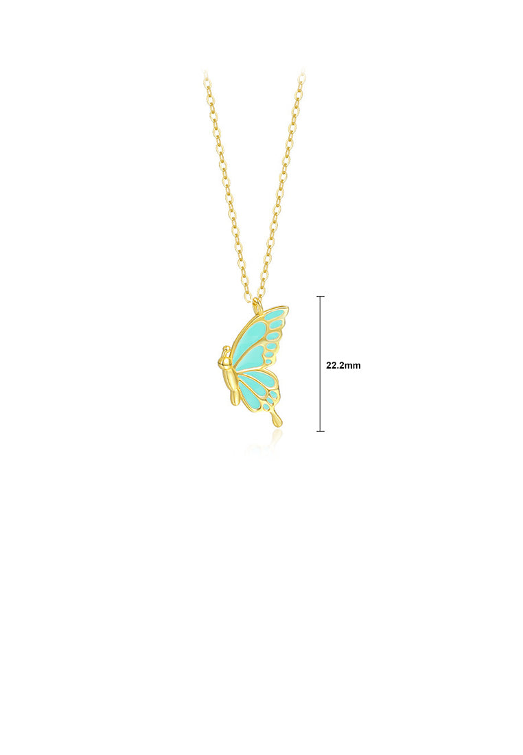 925 Sterling Silver Plated Gold Fashion Temperament Enamel Blue Butterfly Pendant with Necklace