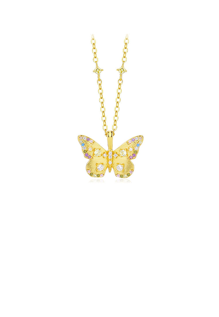 925 Sterling Silver Plated Gold Simple Elegant Butterfly Pendant with Colored Cubic Zirconia and Necklace - Luxurious Look