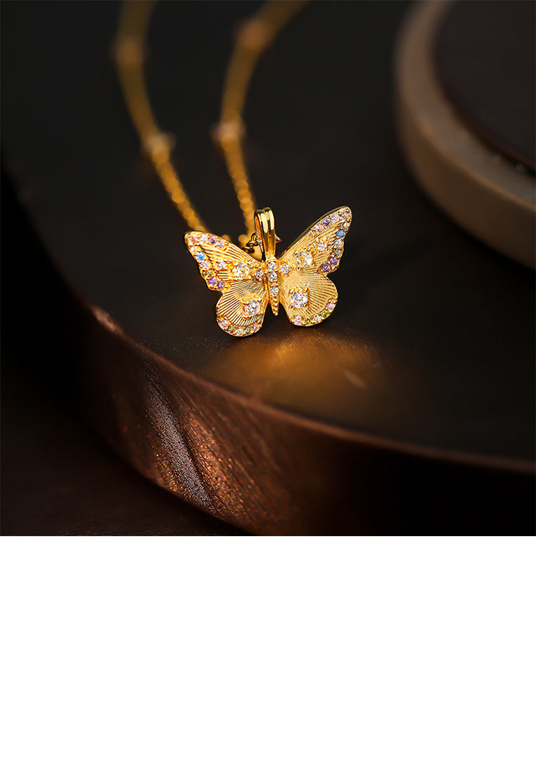 925 Sterling Silver Plated Gold Simple Elegant Butterfly Pendant with Colored Cubic Zirconia and Necklace - Luxurious Look