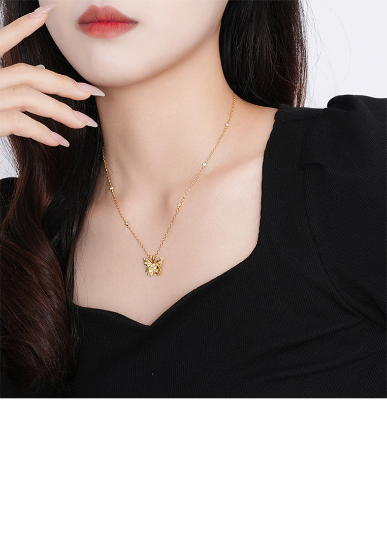 925 Sterling Silver Plated Gold Simple Elegant Butterfly Pendant with Colored Cubic Zirconia and Necklace - Luxurious Look