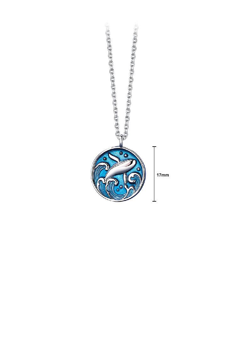 925 Sterling Silver Fashion Temperament Whale Wave Geometric Round Pendant with Necklace