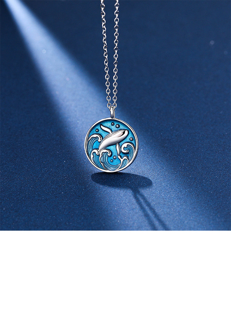 925 Sterling Silver Fashion Temperament Whale Wave Geometric Round Pendant with Necklace