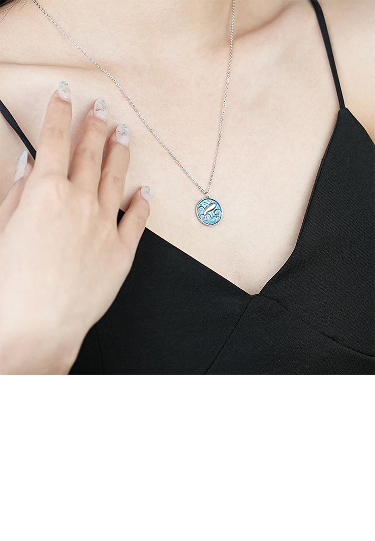 925 Sterling Silver Fashion Temperament Whale Wave Geometric Round Pendant with Necklace