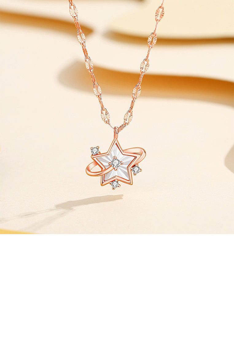 925 Sterling Silver Plated Rose Gold Simple Fashion Star Pendant with Cubic Zirconia and Necklace - Luxurious Look