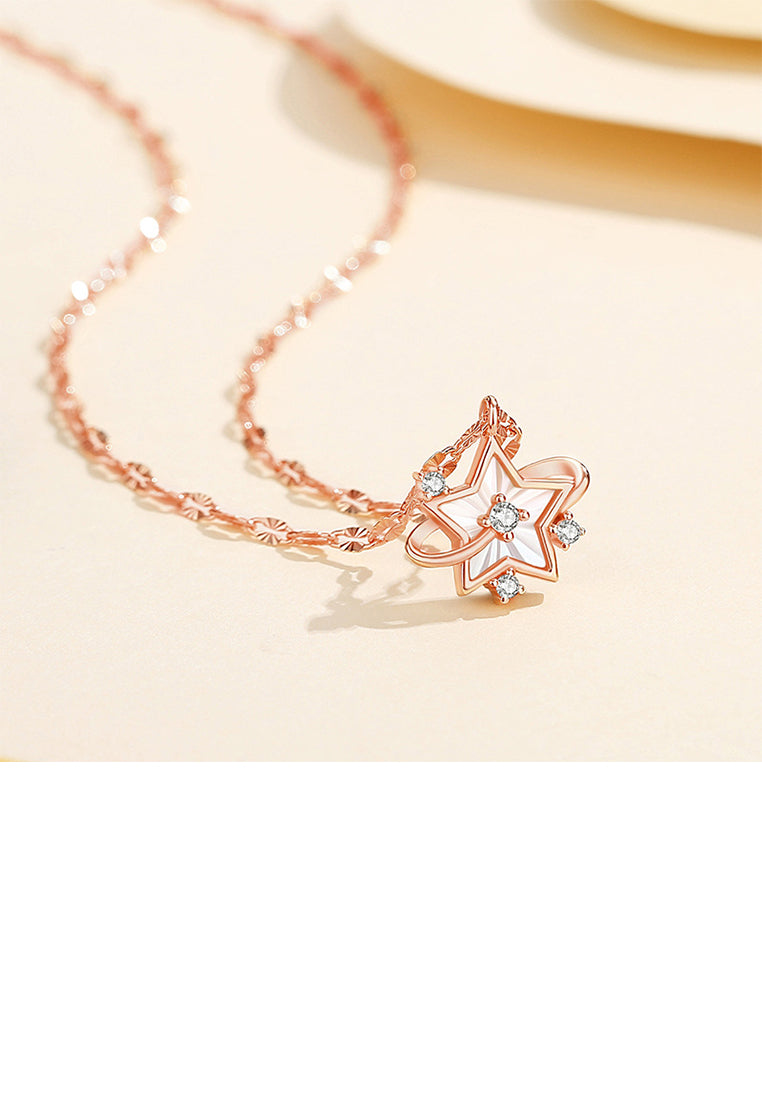 925 Sterling Silver Plated Rose Gold Simple Fashion Star Pendant with Cubic Zirconia and Necklace - Luxurious Look