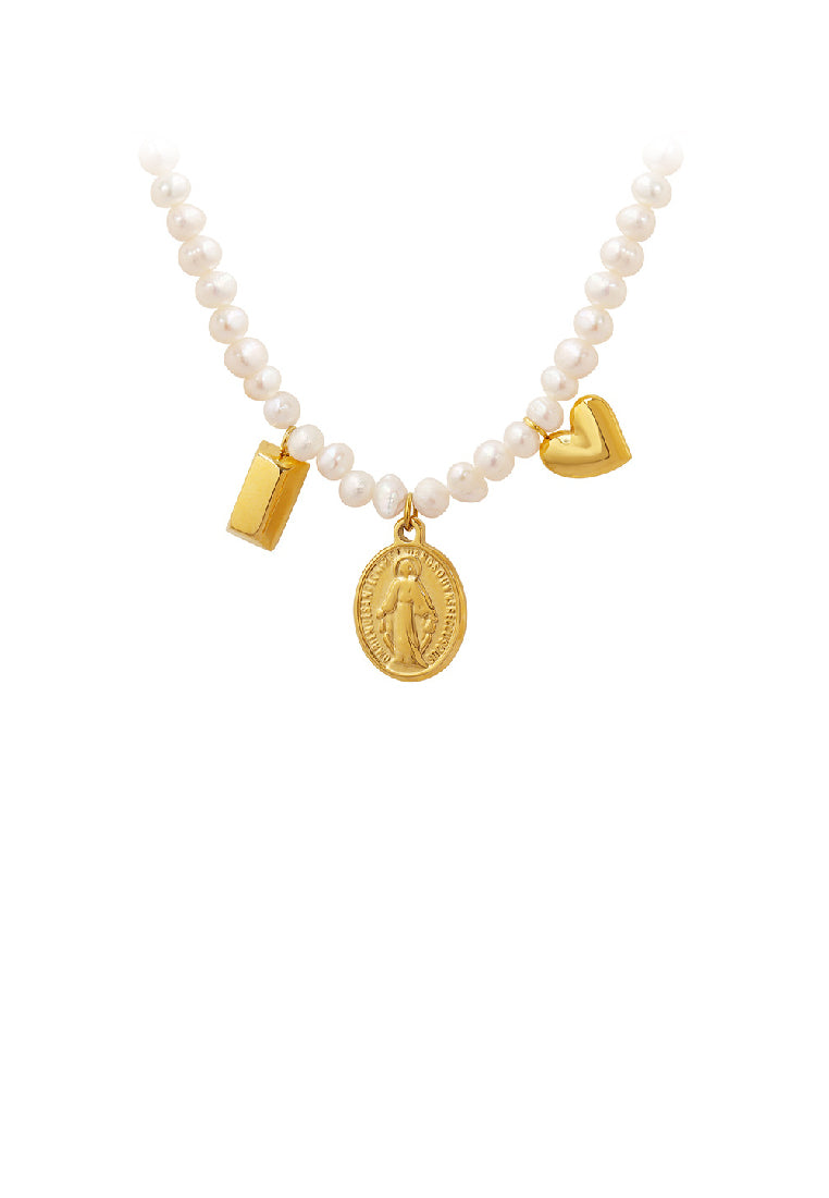 Elegant Temperament Plated Gold 316L Stainless Steel Virgin Mary Geometric Oval Pendant with Irregular Imitation Pearl Necklace - Luxurious Look
