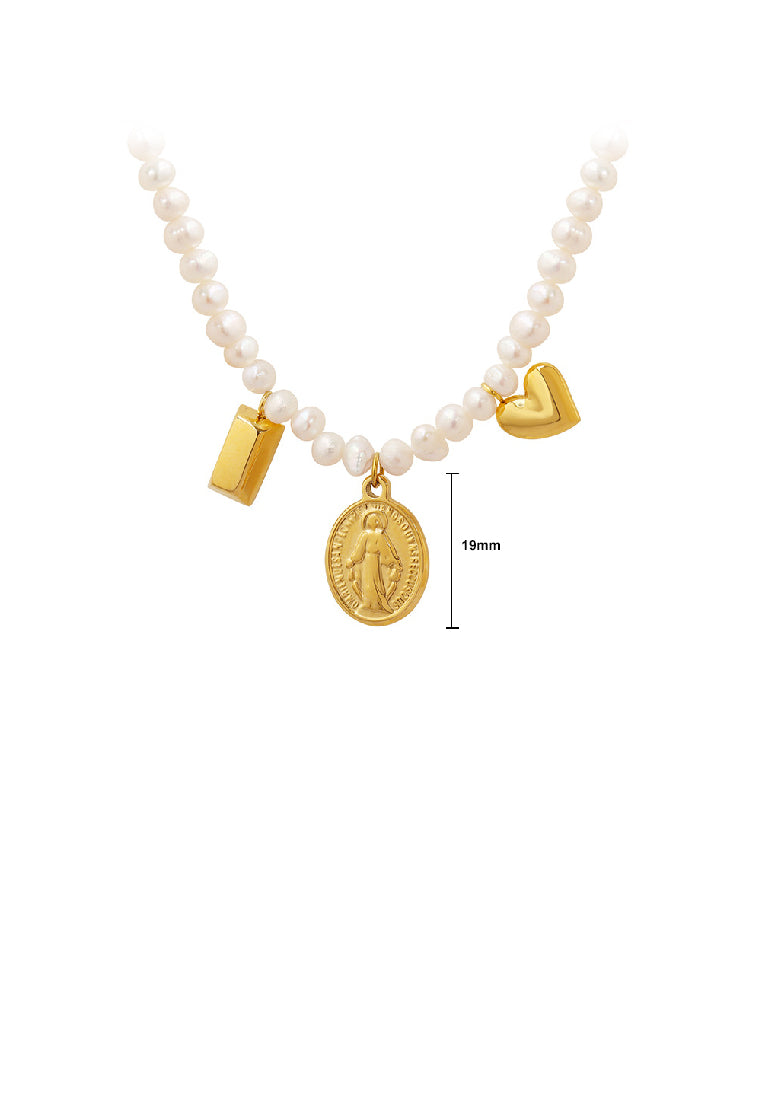 Elegant Temperament Plated Gold 316L Stainless Steel Virgin Mary Geometric Oval Pendant with Irregular Imitation Pearl Necklace - Luxurious Look