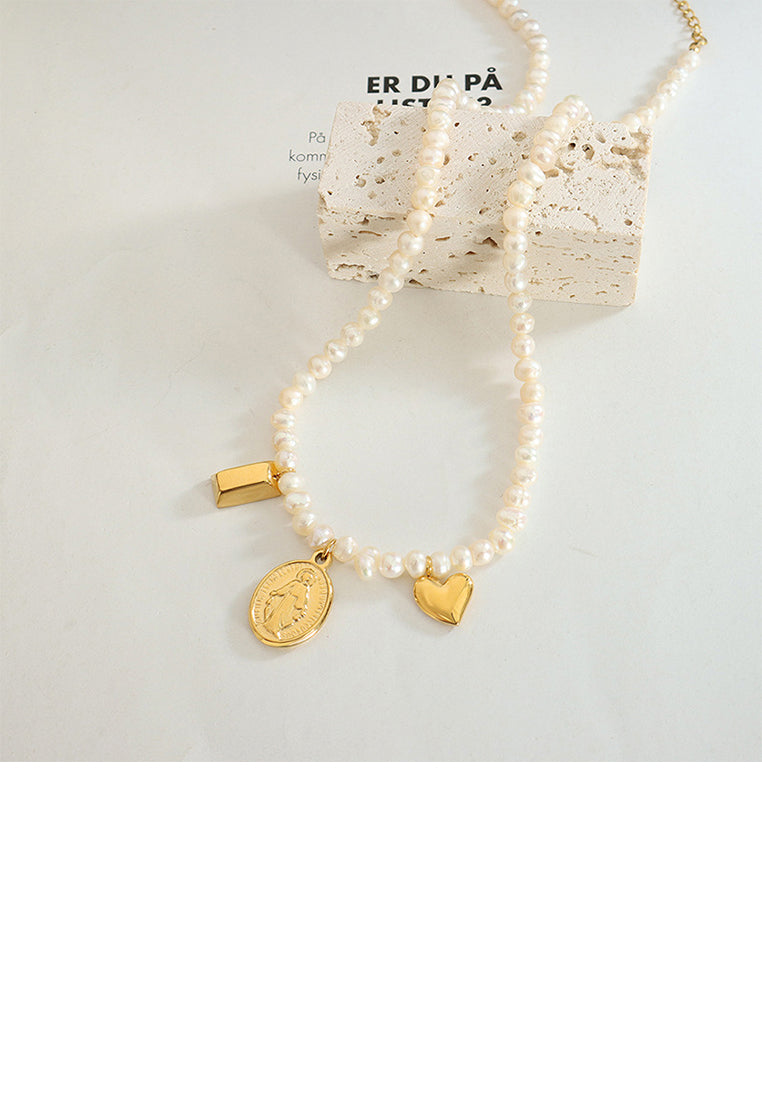 Elegant Temperament Plated Gold 316L Stainless Steel Virgin Mary Geometric Oval Pendant with Irregular Imitation Pearl Necklace - Luxurious Look