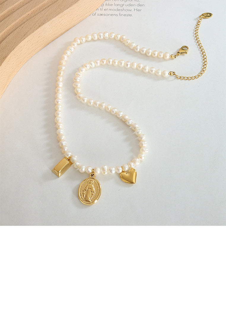 Elegant Temperament Plated Gold 316L Stainless Steel Virgin Mary Geometric Oval Pendant with Irregular Imitation Pearl Necklace - Luxurious Look