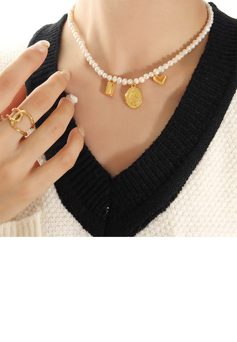 Elegant Temperament Plated Gold 316L Stainless Steel Virgin Mary Geometric Oval Pendant with Irregular Imitation Pearl Necklace - Luxurious Look