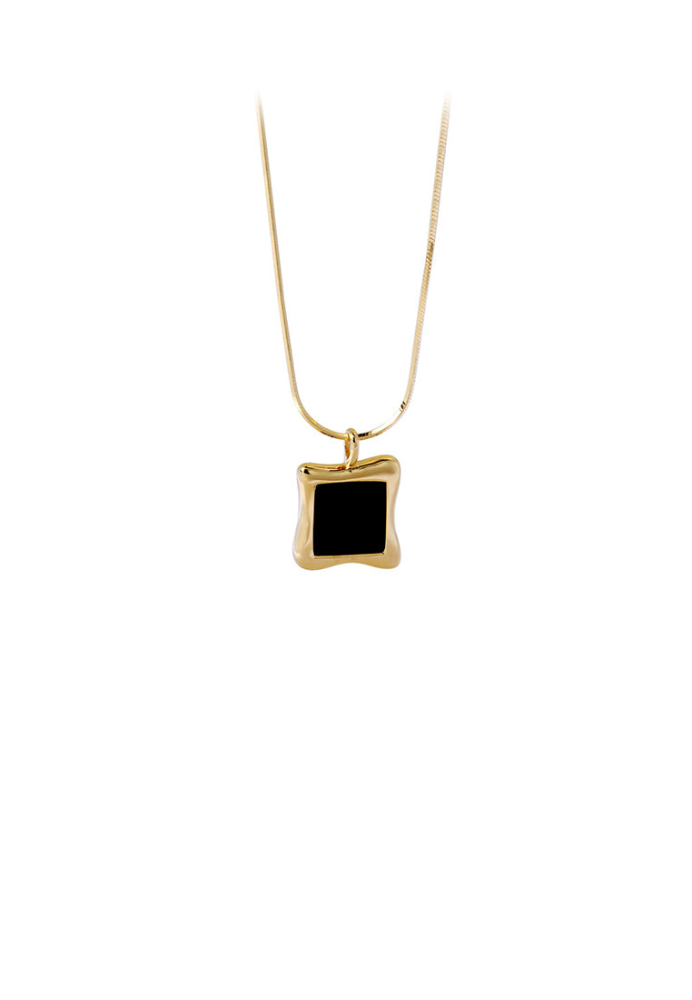 925 Sterling Silver Plated Gold Simple and Fashion Geometric Square Black Imitation Agate Pendant with Necklace