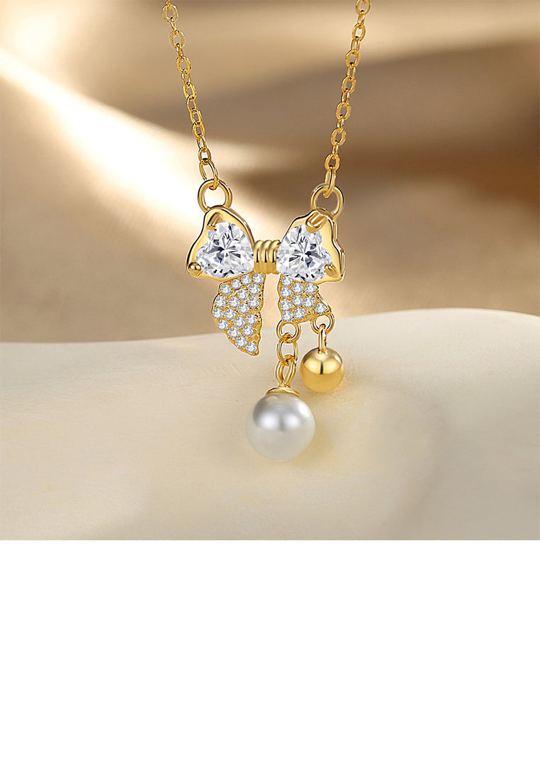 925 Sterling Silver Plated Gold Sweet and Cute Ribbon Imitation Pearl Pendant with Cubic Zirconia and Necklace - Luxurious Look