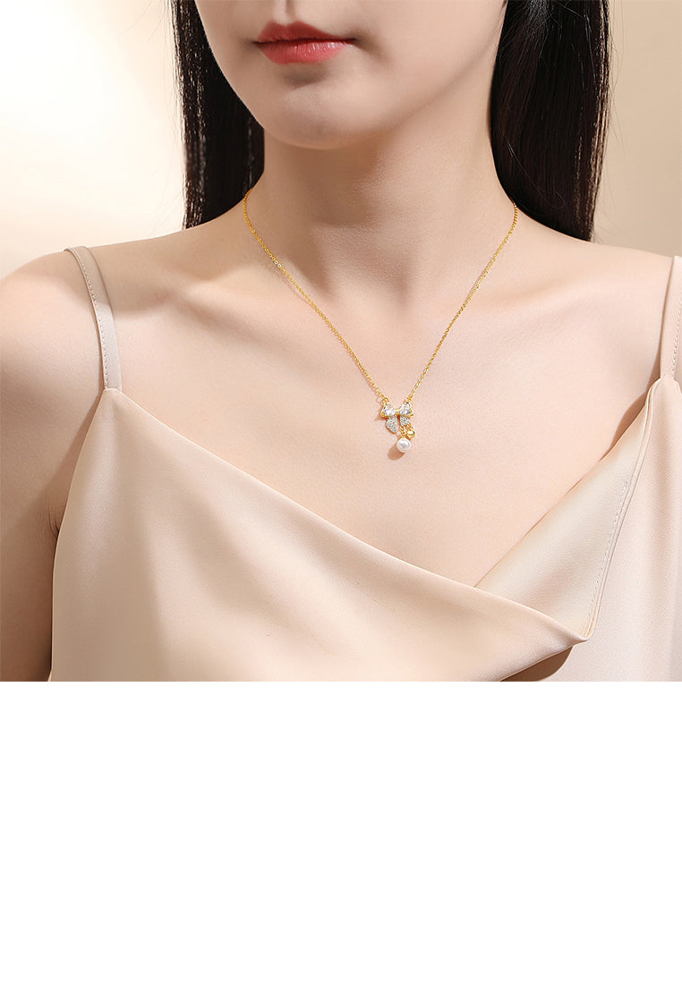 925 Sterling Silver Plated Gold Sweet and Cute Ribbon Imitation Pearl Pendant with Cubic Zirconia and Necklace - Luxurious Look