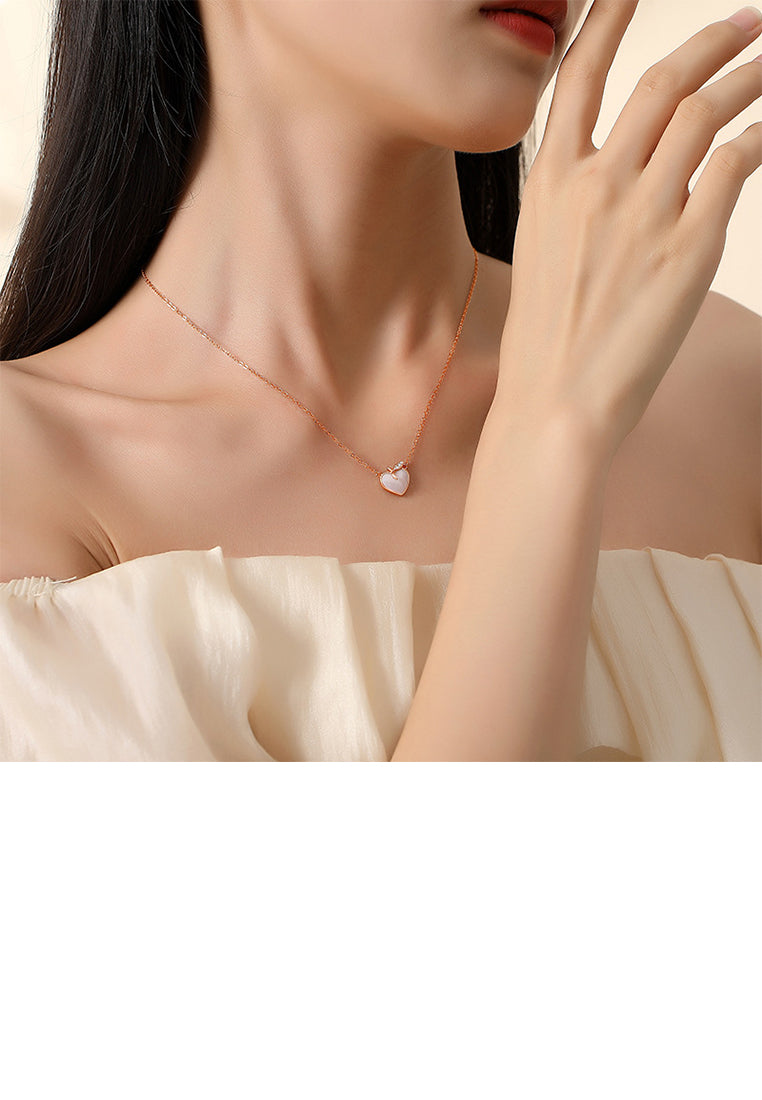 925 Sterling Silver Plated Rose Gold Simple Sweet Peach Heart Pendant with Cubic Zirconia and Necklace - Luxurious Look