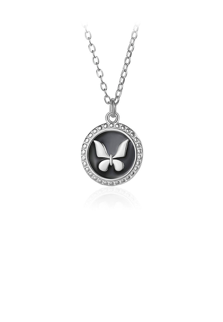 925 Sterling Silver Simple Temperament Butterfly Enamel Round Pendant with Necklace