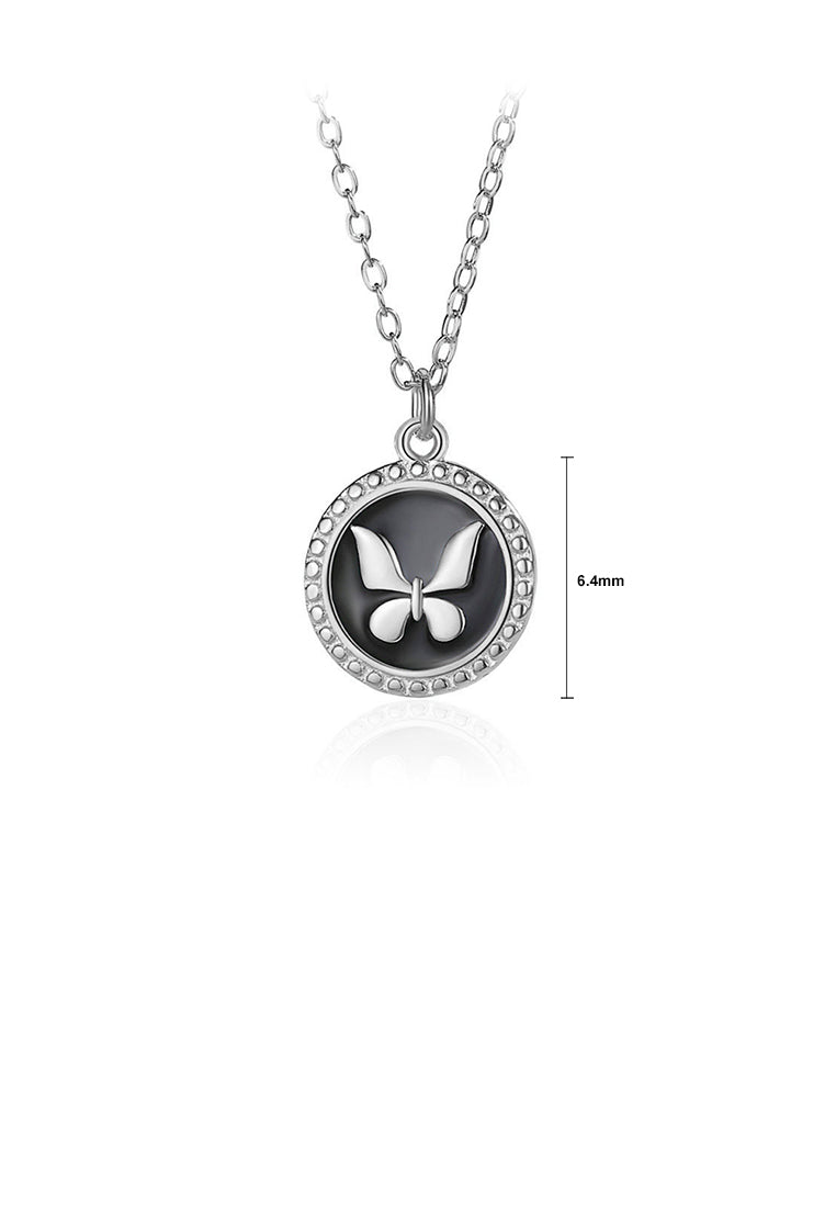 925 Sterling Silver Simple Temperament Butterfly Enamel Round Pendant with Necklace