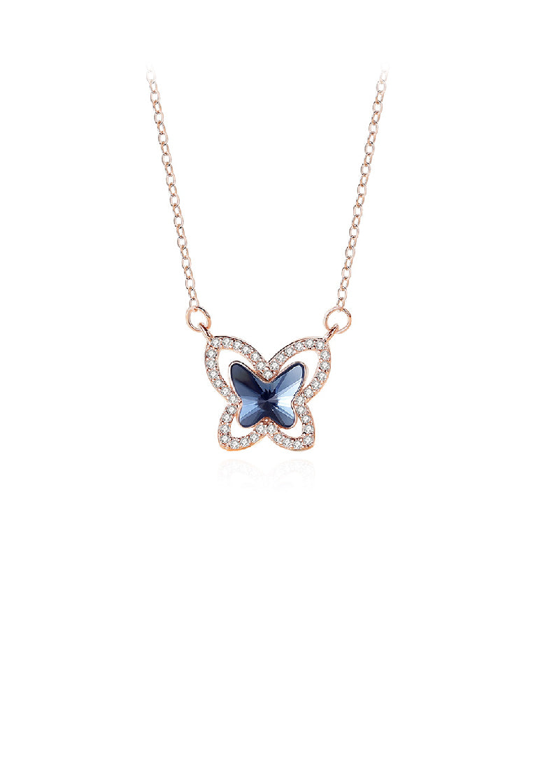 925 Sterling Silver Plated Rose Gold Fashion Elegant Butterfly Pendant with Blue Cubic Zirconia and Necklace - Luxurious Look