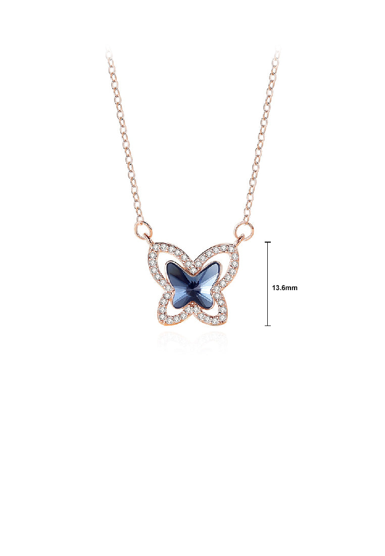 925 Sterling Silver Plated Rose Gold Fashion Elegant Butterfly Pendant with Blue Cubic Zirconia and Necklace - Luxurious Look