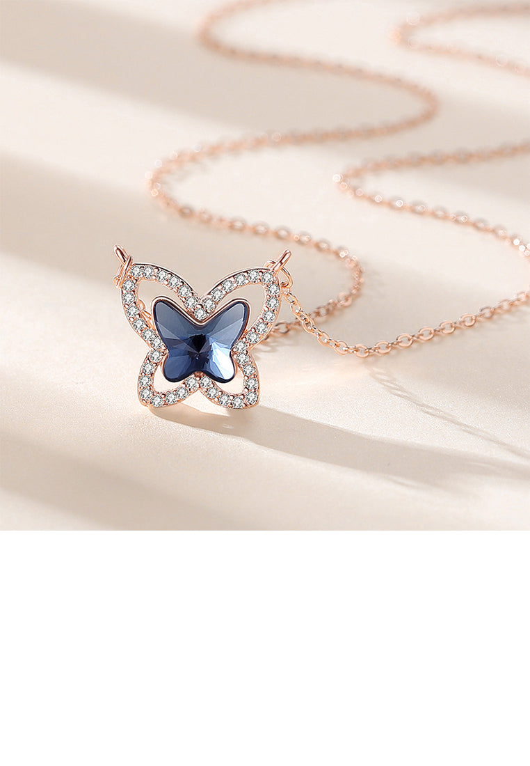 925 Sterling Silver Plated Rose Gold Fashion Elegant Butterfly Pendant with Blue Cubic Zirconia and Necklace - Luxurious Look