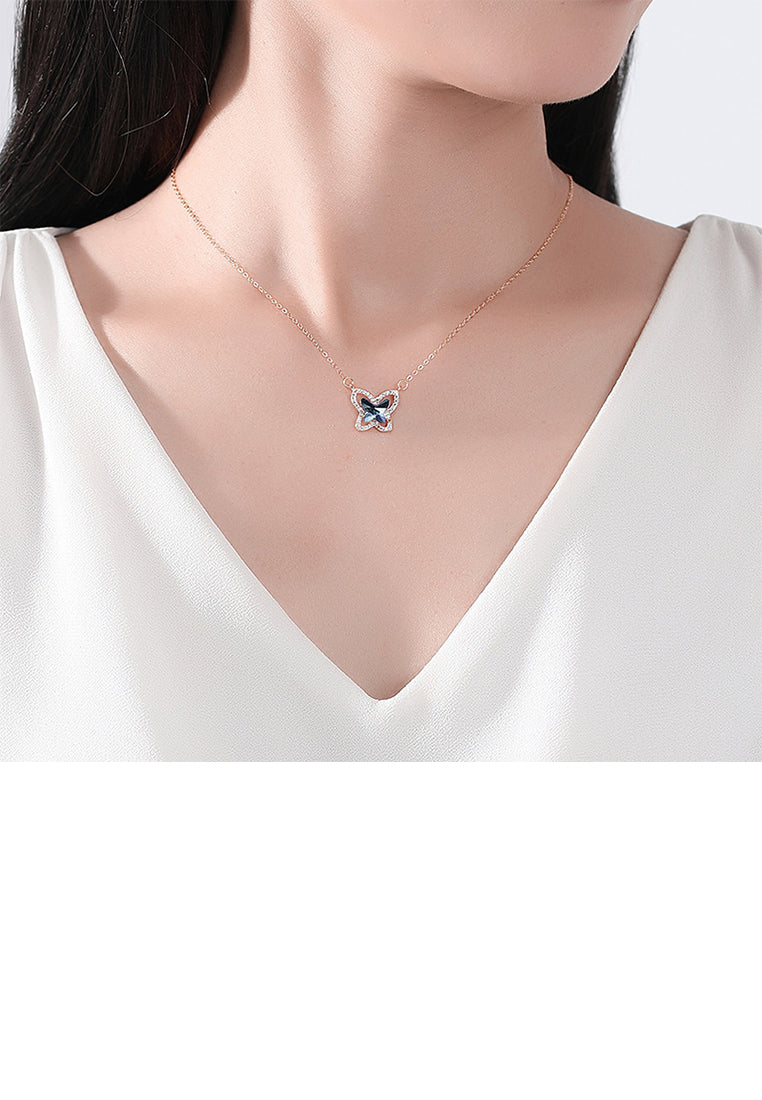 925 Sterling Silver Plated Rose Gold Fashion Elegant Butterfly Pendant with Blue Cubic Zirconia and Necklace - Luxurious Look