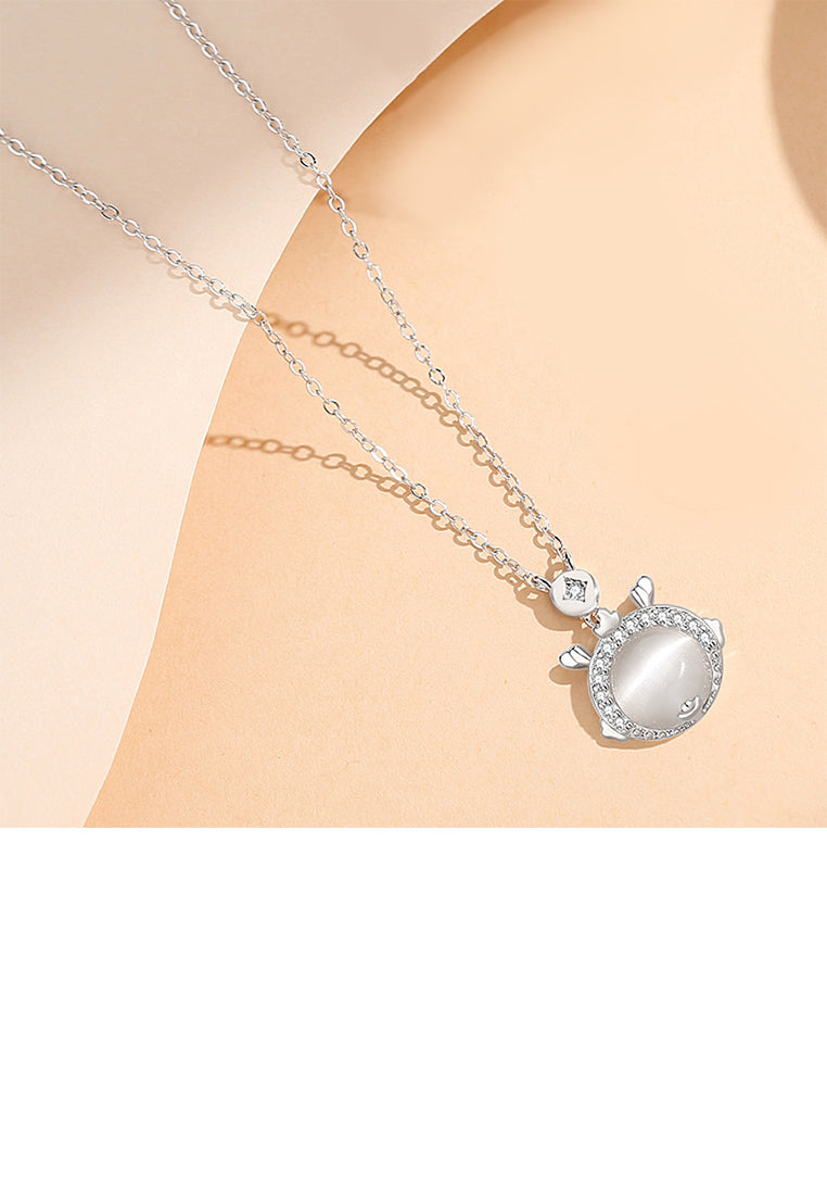 925 Sterling Silver Fashion Vintage Cute Dragon Imitation Cats Eye Pendant with Cubic Zirconia and Necklace - Luxurious Look