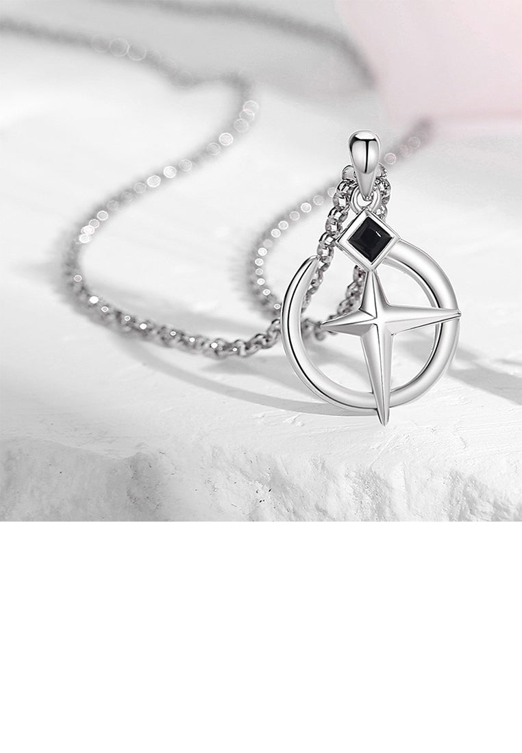 925 Sterling Silver Fashion Simple Cross Geometric Pendant with Black Cubic Zirconia and Necklace - Luxurious Look