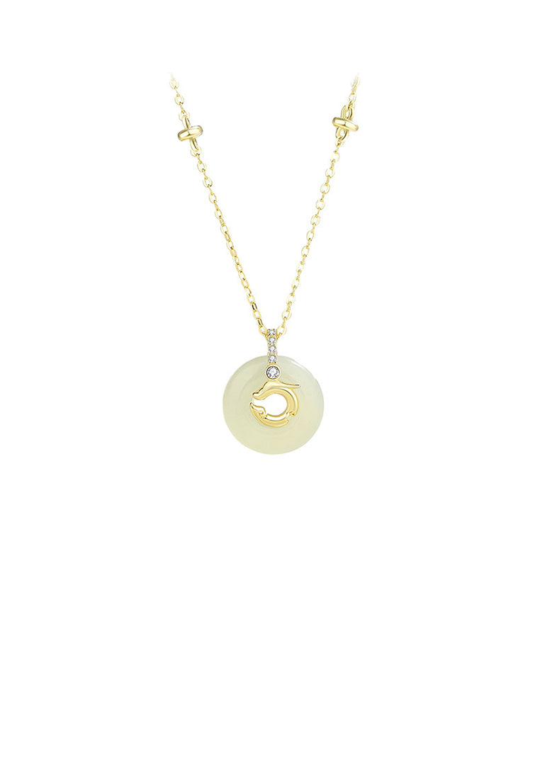 925 Sterling Silver Plated Gold Fashion Simple Dragon Peace Buckle Circle Pendant with Cubic Zirconia and Necklace - Luxurious Look