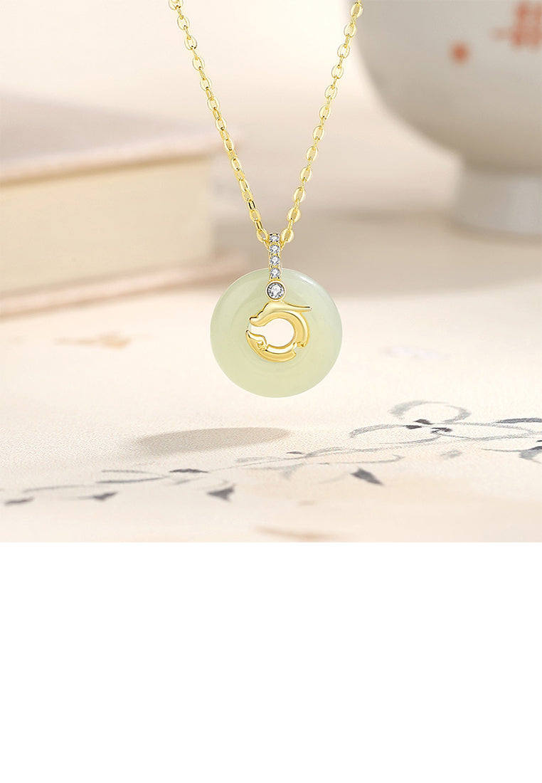925 Sterling Silver Plated Gold Fashion Simple Dragon Peace Buckle Circle Pendant with Cubic Zirconia and Necklace - Luxurious Look