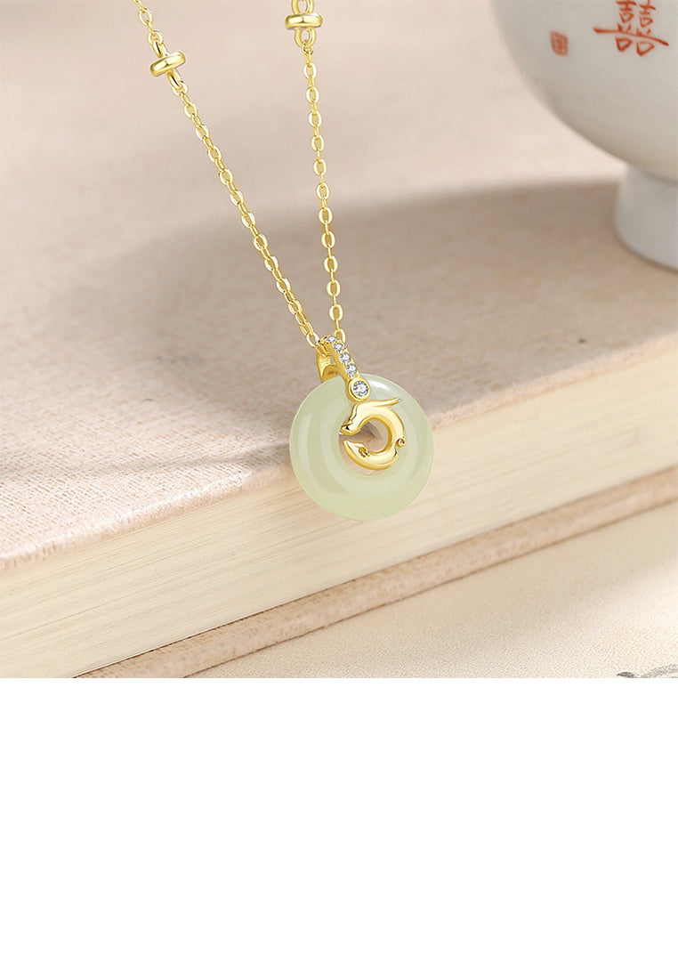 925 Sterling Silver Plated Gold Fashion Simple Dragon Peace Buckle Circle Pendant with Cubic Zirconia and Necklace - Luxurious Look