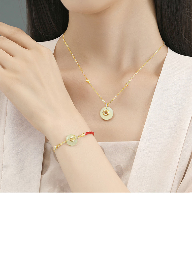 925 Sterling Silver Plated Gold Fashion Simple Dragon Peace Buckle Circle Pendant with Cubic Zirconia and Necklace - Luxurious Look