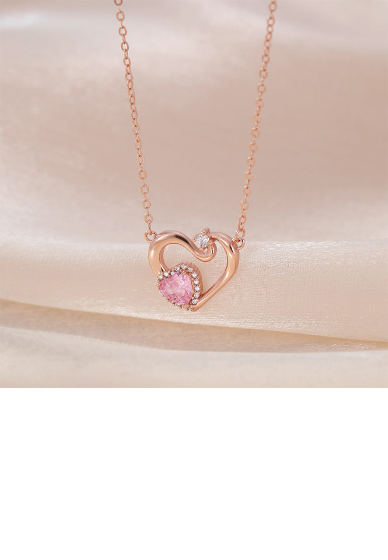 925 Sterling Silver Plated Rose Gold Simple and Fashion Heart-shaped Pendant with Cubic Zirconia and Necklace - Luxurious Look