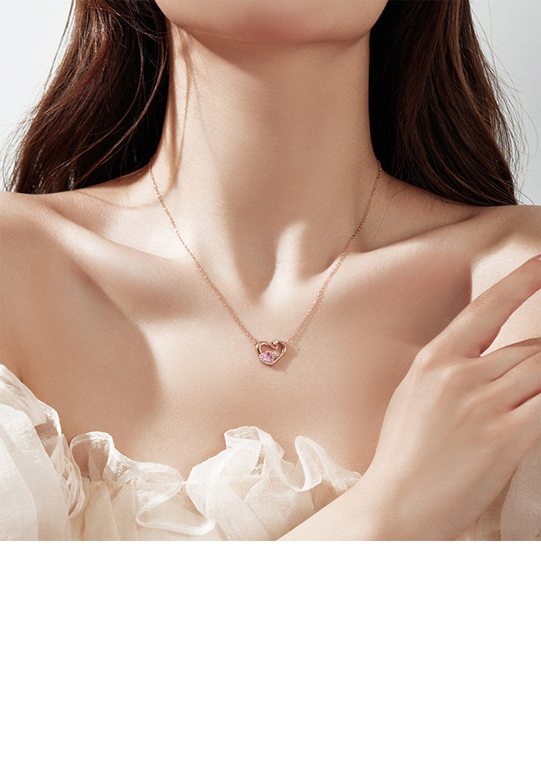 925 Sterling Silver Plated Rose Gold Simple and Fashion Heart-shaped Pendant with Cubic Zirconia and Necklace - Luxurious Look