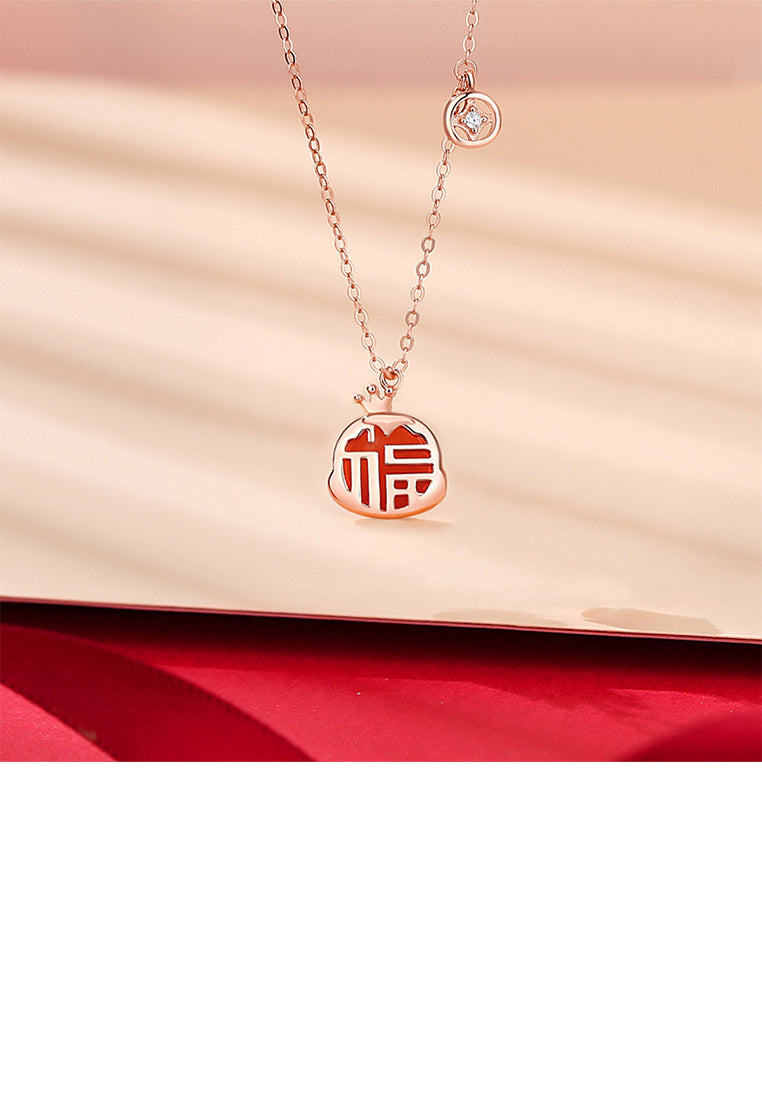 925 Sterling Silver Rose Plated Gold Fashion Vintage Zodiac Snake Imitation Agate Pendant with Cubic Zirconia and Necklace - Luxurious Look