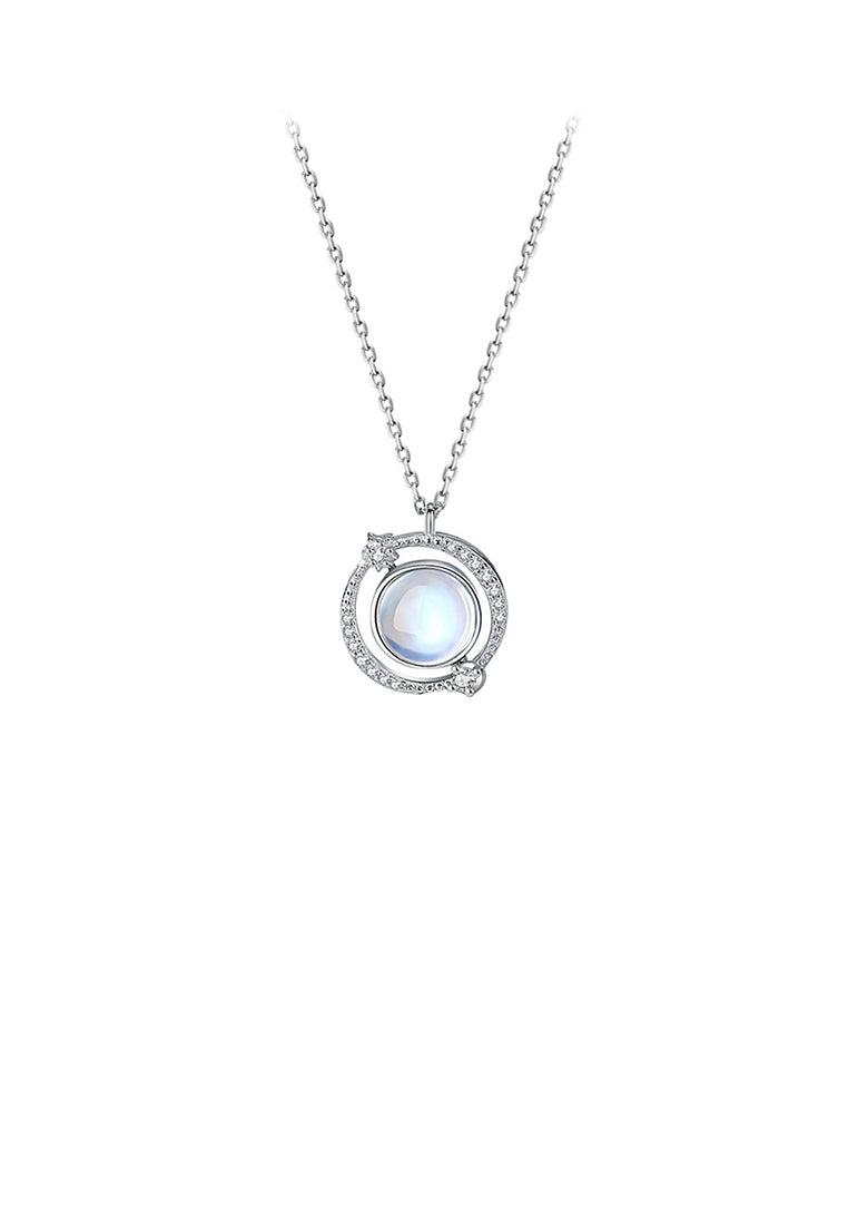 925 Sterling Silver Fashion Simple Planet Moonstone Pendant with Cubic Zirconia and Necklace - Luxurious Look
