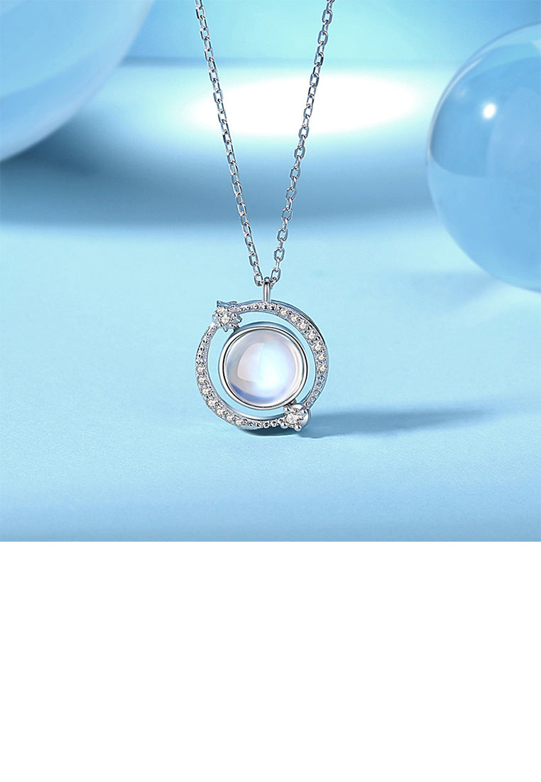 925 Sterling Silver Fashion Simple Planet Moonstone Pendant with Cubic Zirconia and Necklace - Luxurious Look