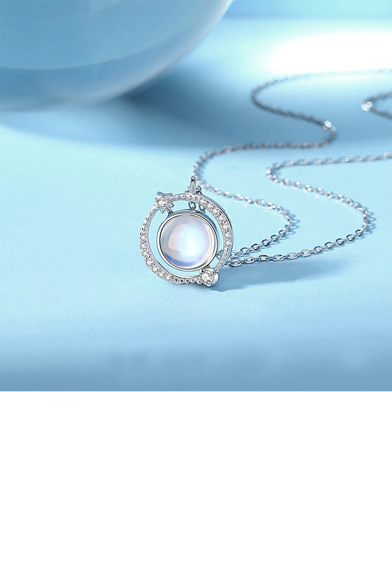 925 Sterling Silver Fashion Simple Planet Moonstone Pendant with Cubic Zirconia and Necklace - Luxurious Look