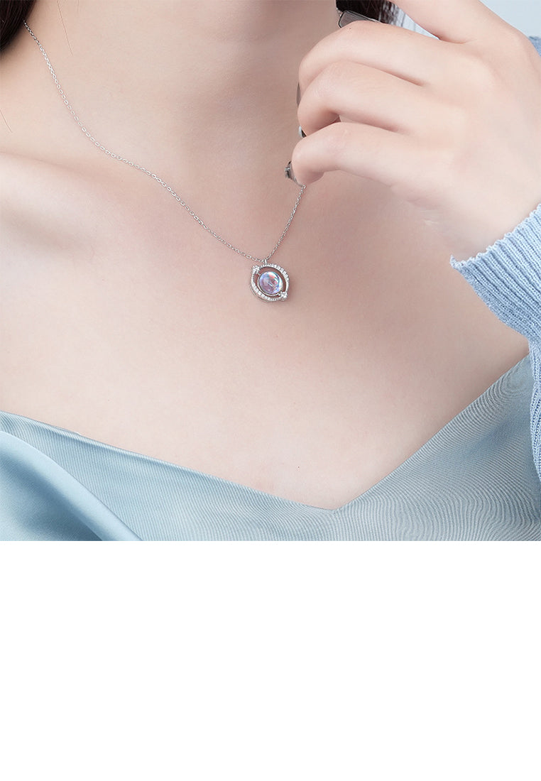 925 Sterling Silver Fashion Simple Planet Moonstone Pendant with Cubic Zirconia and Necklace - Luxurious Look