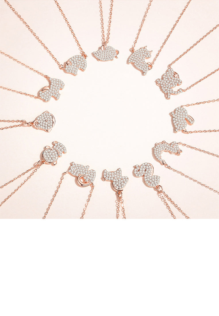 925 Sterling Silver Plated Rose Gold Simple and Bright Zodiac Cock Pendant with Cubic Zirconia and Necklace - Luxurious Look