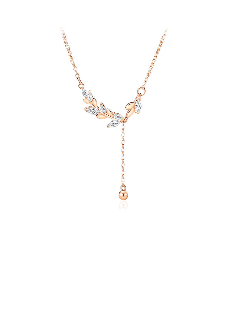 925 Sterling Silver Plated Rose Gold Simple Elegant Wheat Tassel Pendant with Cubic Zirconia and Necklace - Luxurious Look
