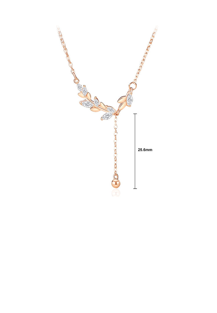 925 Sterling Silver Plated Rose Gold Simple Elegant Wheat Tassel Pendant with Cubic Zirconia and Necklace - Luxurious Look