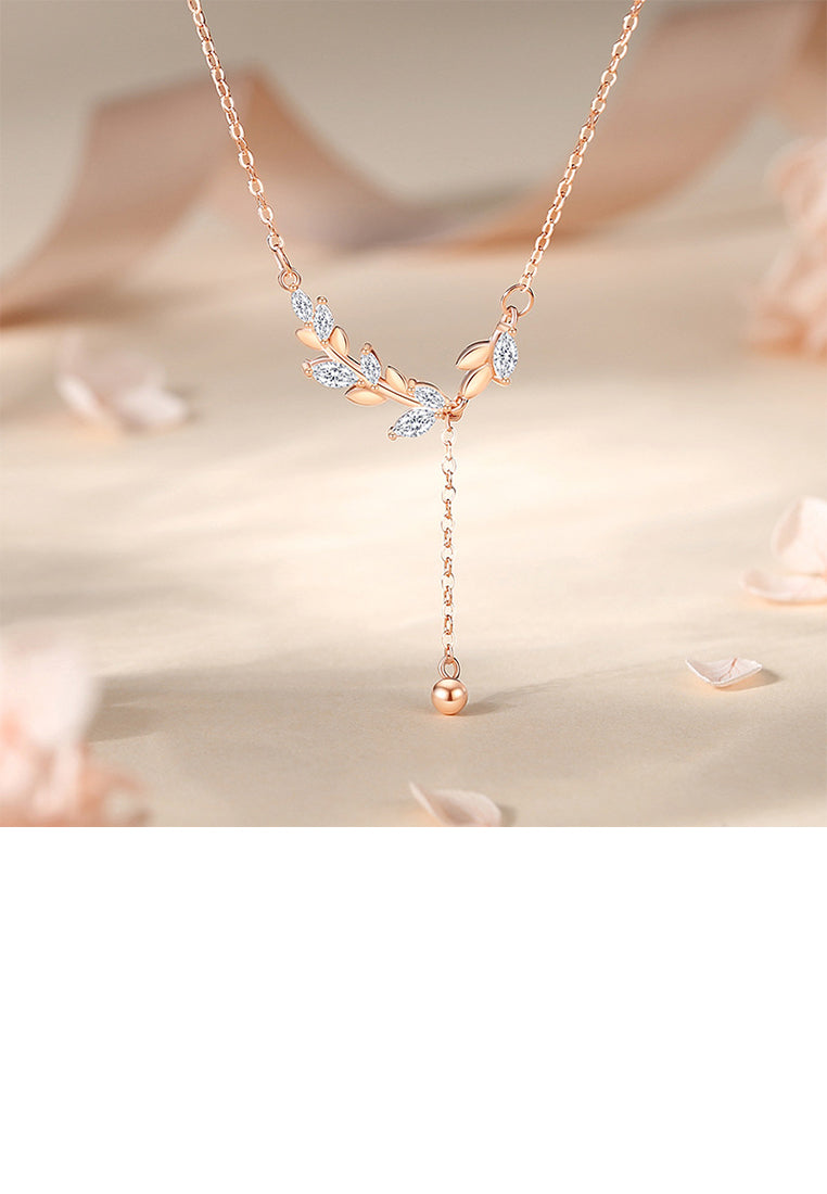 925 Sterling Silver Plated Rose Gold Simple Elegant Wheat Tassel Pendant with Cubic Zirconia and Necklace - Luxurious Look