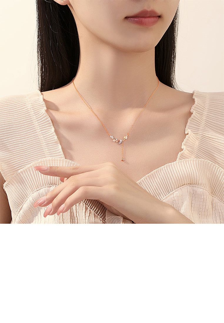 925 Sterling Silver Plated Rose Gold Simple Elegant Wheat Tassel Pendant with Cubic Zirconia and Necklace - Luxurious Look