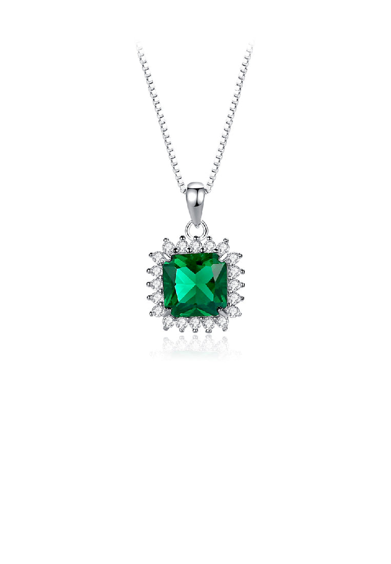 925 Sterling Silver Elegant Lace Geometric Square Pendant with Green Cubic Zirconia and Necklace - Luxurious Look