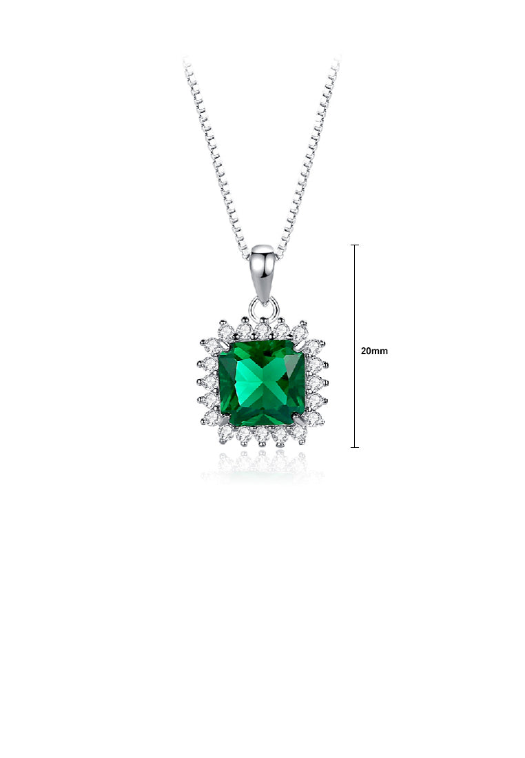 925 Sterling Silver Elegant Lace Geometric Square Pendant with Green Cubic Zirconia and Necklace - Luxurious Look