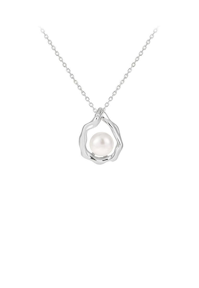 925 Sterling Silver Fashion Hollow Water Drop-shaped Geometric Pendant with Imitation Pearls and Necklace