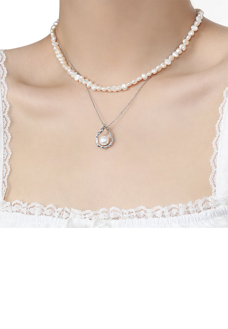 925 Sterling Silver Fashion Hollow Water Drop-shaped Geometric Pendant with Imitation Pearls and Necklace