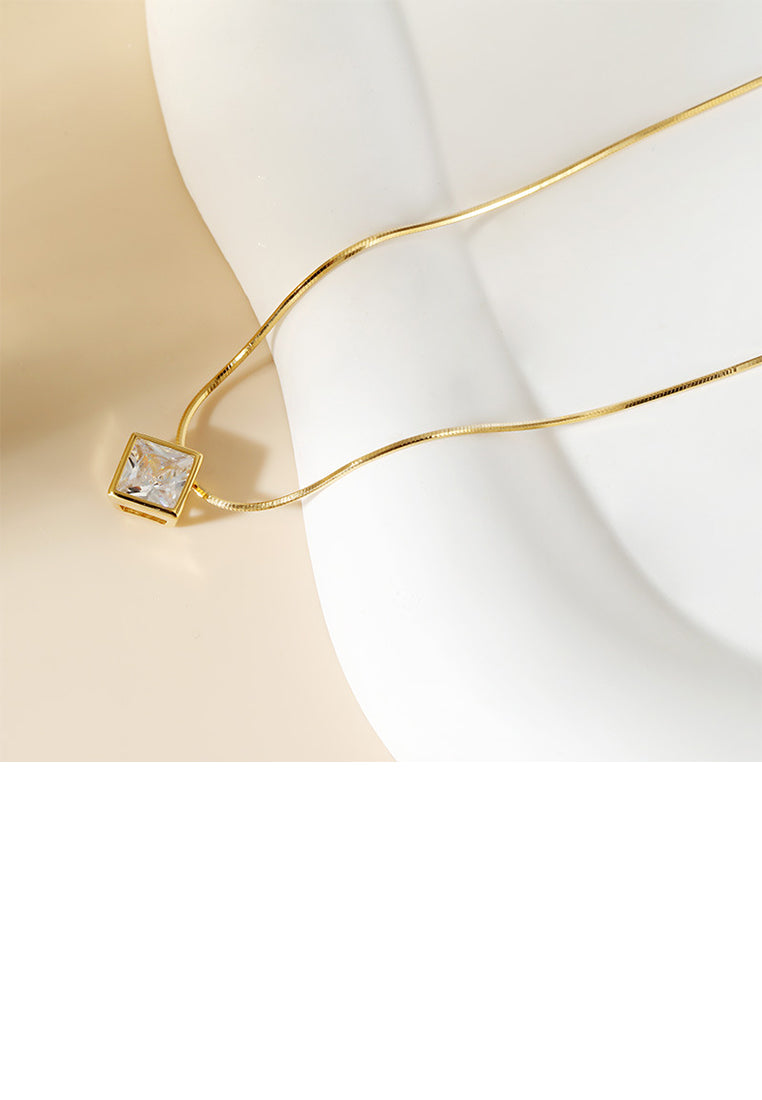 925 Sterling Silver Plated Gold Simple and Fashion Geometric Square Cubic Zirconia Pendant with Necklace - Luxurious Look