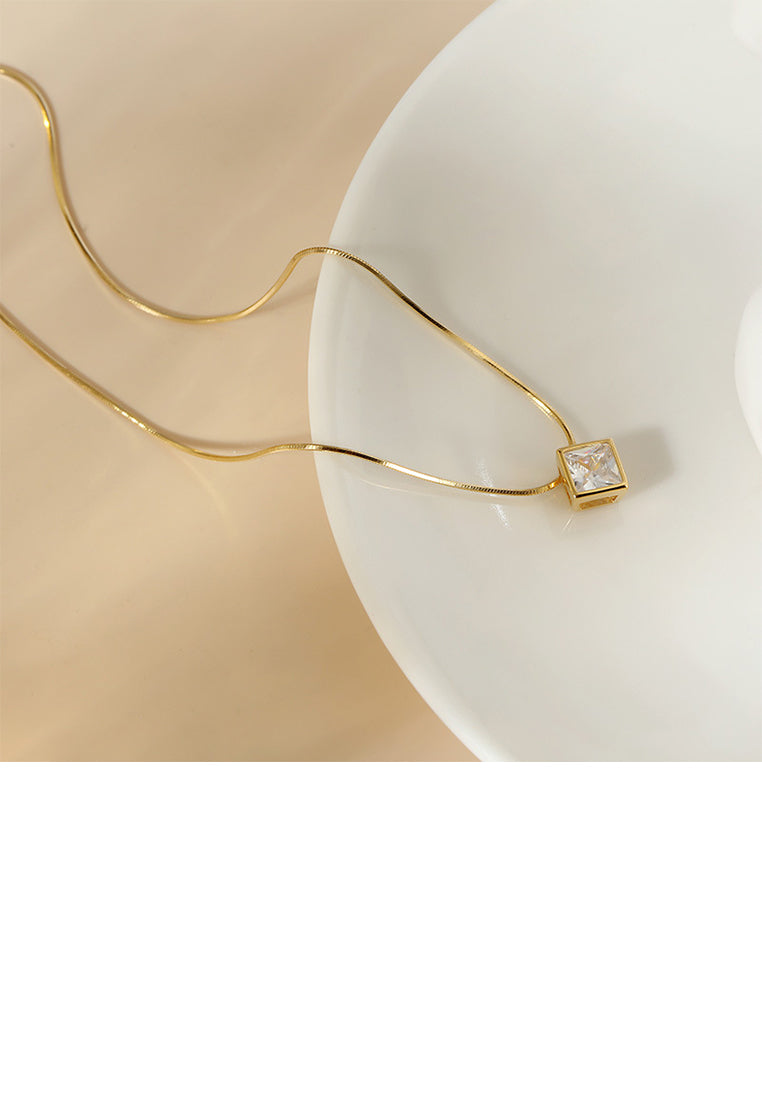 925 Sterling Silver Plated Gold Simple and Fashion Geometric Square Cubic Zirconia Pendant with Necklace - Luxurious Look