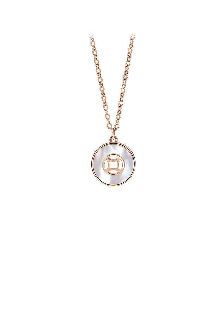 925 Sterling Silver Plated Rose Gold Simple and Fashion Copper Coin Mother-of-pearl Pendant with Necklace